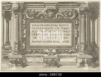 Memorabilivm Neues Testament im Tempel Gestorvm Ikonen dreizehn elegant und eleganteste, Luke van Doetechum, nach Gerard van Groeningen, ca. 1572 drucken Architekturtitel für eine Serie von 13 Drucken mit Ereignissen aus dem Neuen Testament, die rund um den Tempel stattfinden. Antwerpen Papiergravur/Ätzung Stockfoto