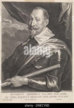 Porträt von Gustaaf II. Adolf, König von Schweden, Paulus Pontius, nach Anthony Van Dyck, 1616–1657 Druck Antwerpener Papierstich Rüstung Stockfoto