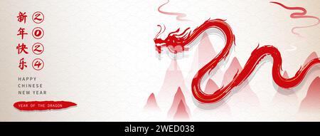 Roter Drache für chinesisches Neujahrsvektor 2024 flaches Design auf orientalischem Stil Fahne Hintergrund mit Kopierraum, Fremdtextübersetzung als glückliches neues Ja Stock Vektor