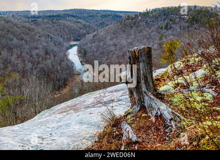 Panoramablick über den Big South Fork National River und die Erholungszone am Sunset Overlook Trail Stockfoto