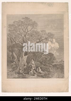 Landschaft mit einer Gruppe von Reisenden unter einem großen Baum entlang eines Waldweges, Thomas Gainsborough, 1753 - 1759 Druckpapier, das Wandergemeinden graviert: Romani oder Roma. (Traveller) im Freien ausruhen. Waldweg oder Spur (+ Landschaft mit Figuren, Personal) Stockfoto