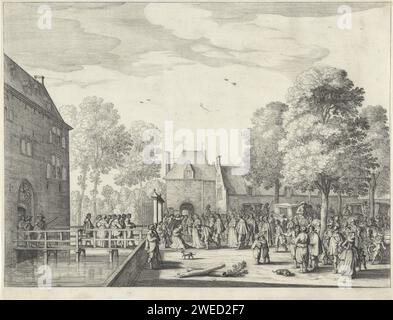 Besuch von Königin Henrietta Maria zu Adriaen Pauw am Slot in Heemstede, 1642, Anonym, 1642 Drucken der Besuch der englischen Königin Henrietta Maria und Prinz Wilhelm II. Zu Adriaen Pauw am Slot in Heemstede, 8. September 1642. Die Gesellschaft wird am Tor begrüßt, links das Schloss. Amsterdam Papierätzung Besuch; Empfang von Gästen; elegante Gesellschaft das alte Schloss Stockfoto