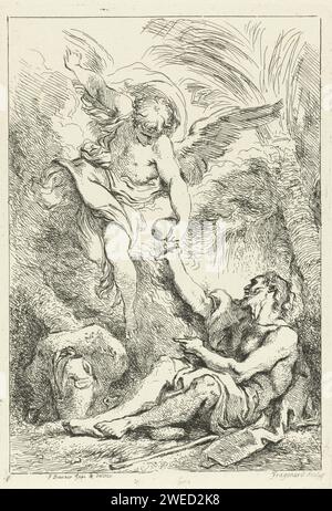 Angel Borsten Brut ein Wasser, Jean Honor Franoonard, es gibt Franwcoucher, 1752 - 1756 Druck Ein Mann (möglicherweise Elijah) sitzt auf dem Boden, bekommt ein Brot von einem Engel. Da ist ein Wasserkrug zu seinen Füßen. Papier, das einen Engel ätzt, einen Brotlaib und einen Kelch hält, weckt Elijah Stockfoto