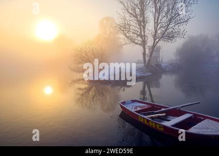 Das Ruhrgebiet im Winter am frühen Morgen mit Nebel bei atmosphärischem Sonnenaufgang, Witten, Ruhrgebiet, Nordrhein-Westfalen, Deutschland Stockfoto