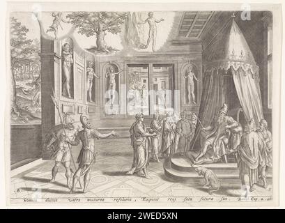 Nebukadnessars Traum, Johannes oder Lucas van Doetechum, nach Hans Vredeman de Vries, 1643 Druck Daniël steht vor dem Thron von König Nebukadnessar und erklärt die Träume des Königs. Oben sehen Sie die Träume des Königs. Ein Wächter fällt links vom Himmel und gibt dem großen Baum den Auftrag zu hacken. Rechts der Traum vom Bild mit dem goldenen Kopf und den Füßen aus Eisen und Lehm. Daniël sagt, dass der erste Traum bedeutet, dass der König abgelehnt wird und sieben Jahre lang als Tier leben wird. Im Hintergrund sieht man, wie Nebukadnessar weggeschickt wird. Auf der linken Seite in Th Stockfoto