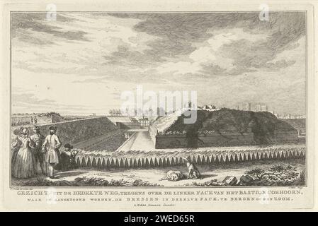 Ansicht der Bastion Coehoorn in Bergen op Zoom, Simon Fokke, nach Cornelis Pronk, 1774 - 1784 Print Ansicht der Bastion Coehoorn in Bergen op Zoom. Links eine Gruppe von Figuren. Amsterdam Papierätzung Festung Bergen op Zoom Stockfoto