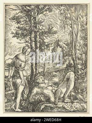 PYRAMUS en Thisbe, Wolfgang Huber, 1500–1553 Print Thisbe findet ihren geliebten Pyramus im Sterben. Er liegt auf dem Boden an zwei Bäumen mit einem Messer in die Brust, während sie neben ihm geschockt ist. Links ist die Löwin, die den Schleier von Thisbe in Stücke zerreißt. Dieser Schleier ist auf dem Boden. Zwischen den Bäumen ist eine Stadt zu sehen. Paper Thisbe tötet sich mit Pyramus' Schwert (die Szene könnte in der Nähe eines Brunnens dargestellt werden) Stockfoto