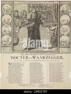 Der italienische Wahrsager, Monogrammist WR, 1704 - 1708 Druck Allegory mit dem italienischen Wahrsager, der Rezepte zur Heilung der französischen Krankheit zeigt. Links sieht ein Jesuit und Priester erschreckt aus. Auf beiden Seiten wird in Medaillons die Schlacht zwischen Frankreich und den Alliierten durch Tiere dargestellt. Auf der Zeitschrift unter der Platte drei Spalten Text in Niederländisch. Teil einer Gruppe von Einzelcartoons über Ludwig XIV. Während des Spanischen Erbfolgekrieges, ca. 1701-1713. Nordholländisches Papier mit politischen Karikaturen und Satiren. Arzt, Arzt. Wahrsagerin  Vergnügen fair und c Stockfoto