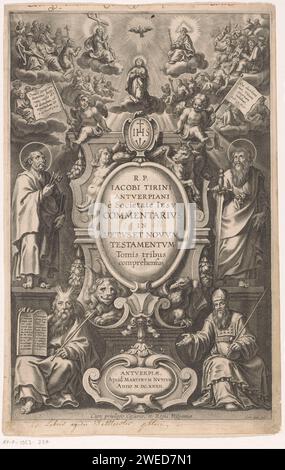 Titelpagina voor: J. Tirinus, Kommentar zum Alten und Neuen Testament, Antwerpen, M. Nutius, 1632, Cornelis Galle (1), nach Peter Paul Rubens, 1632 Druck auf einer Kartusche, die mit evangelistischen Symbolen verziert ist, ist der Titel des Buches. Die Apostel Peter und Paulus auf beiden Seiten. Unter Moses und Aaron. Im Himmel Maria und Gott, Christus und der Heilige Geist in Form einer Taube umgeben von Engeln und biblischen Figuren. Druckerei: Southern Netherlandspublisher: Antwerpener Papier mit Gravur der vier Symbole der Evangelisten, „die apokalyptischen Bestien“. Der Apostel Peter, erster Bischof von Rom; evtl. Stockfoto