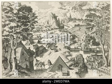 Abraham mit den Engeln in einer Landschaft, Johannes oder Lucas van Doetechum, nach Lucas Gassel, 1560–1564 Druck Landschaft mit zentral im Vordergrund Abraham, der die drei Engel begrüßte (1. Mose 18,2). Neben ihm eine Pyramide und ein Grab. Abraham gibt den Engeln im Hintergrund zu essen. Die Stadt Sodom brennt in der Ferne. Der Druck ist Teil einer Reihe von Landschaften mit christlichen Geschichten als Thema. Druckerei: DeventerAfter Design von: Antwerppublisher: Antwerpen Papierätzung / Gravur Abraham unterhält die drei Engel. dale, Tal (+ Landschaft mit Figuren, Personal). Also Stockfoto