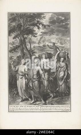 Flucht aus Lot aus Sodom, Gilliam van der Gouwen, nach Gerard Hoet (I), 1728 Print Lot flüchtet aus Sodom mit seinen zwei Töchtern, begleitet von zwei Engeln. Im Hintergrund das brennende sodom und die Ehefrau von Lot als Salzsäule (Gen. 19,15-26). Der Druck hat hebräische, lateinische, französische, englische, deutsche und niederländische Untertitel. Druckerei: Amsterdamverleger: Der Haager Papierstich / Gravur der Zerstörung von Sodom und Gomorra: Lot und seine Familie fliehen nach Zoar und tragen ihre Habseligkeiten; ein Engel könnte den Weg zeigen (1. Mose 19,24-29) Stockfoto