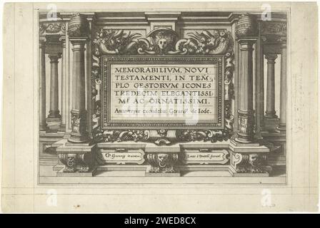 Memorabilivm Neues Testament im Tempel Gestorvm Ikonen dreizehn elegant und eleganteste, Luke van Doetechum, nach Gerard van Groeningen, ca. 1572 drucken Architekturtitel für eine Serie von 13 Drucken mit Ereignissen aus dem Neuen Testament, die rund um den Tempel stattfinden. Antwerpen Papiergravur/Ätzung Stockfoto