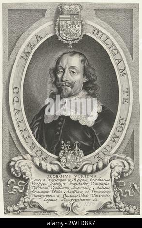 PortraT van Georg Ulrich von Wolkenstein und Rodenegg, Cornelis Galle (II), nach Anselm van Hulle, ca. 1648 - ca. 1649 Print Portrait von Georg Ulrich von Wolkenstein und Rodenegg, Gesandter für Österreich während der Friedensverhandlungen in Münster. Porträt in Oval mit Motto: Diligam in Domine Fortitudo MEA. Unter dem Familienwappen von Wolkenstein-Rodenegg. Antwerpener Papiergravur Stockfoto