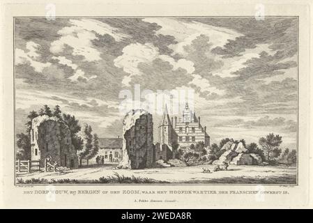 Blick auf das Dorf Wouw in der Nähe von Bergen op Zoom, Simon Fokke, nach Cornelis Pronk, 1774 - 1784 drucken das Dorf Wouw in der Nähe von Bergen op Zoom. Auf der linken Seite befindet sich eine Straße zwischen den Resten eines Bauwerks. Im Hintergrund ein Haus und ein Gebäude mit einem Turm. Amsterdamer Papierätzdorf. Ruine eines Gebäudes  Architektur Kite Stockfoto