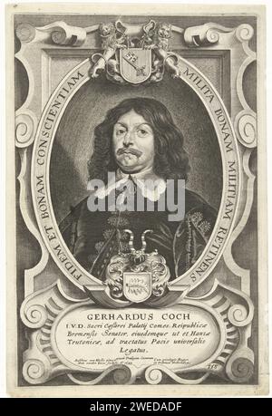 Porträt von Gerhard Koch, Antony van der tut, nach Anselm von ihnen, 1649 Druck Porträt von Gerhard Koch, Bruststück in Oval mit Wappen, in Kartusche mit fünf lateinischen Textzeilen unter dem Porträt. Südlich der Niederlande Papiergravur Stockfoto