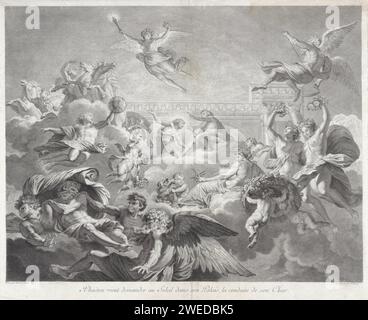 Phaëton in Apollo, Charles Dupuis, nach Bernard Picart, nach Eustache Lesueur, 1740 Druck Phaëthon fleht den Sonnengott Apollo an, einen Tag im Solarauto fahren zu dürfen. Apollo spreizt seine Hände über den Kopf seines Sohnes. Links halten die Männer die Pferde vor dem Solarauto. Aurora, die Göttin der Morgendämmerung, fliegt mitten in ihrer Fackel. Zur richtigen Vaterzeit mit seiner Sense, Ceres mit Korenaren und die Stunden mit Blumen in den Händen. Unten links die vier Winde. Zum Gemälde in der Chambre des Muses in der Hôtel Lambert. Print ist Teil einer Serie von Drucken zu den Gemälden in der Stockfoto