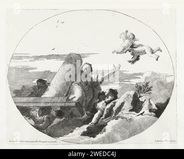 Allegorien trafen Kracht (Fortitudo) en Vrede (Pax), Giovanni Domenico Tiepolo, nach Giovanni Battista Tiepolo, 1753–1757 Druck Allegory mit weiblichen Personifizierungen der Macht (Fortitudo) mit einer Säule und Frieden (Pax) mit Olivenzweig aus den Wolken, die im ovalen Rahmen nach unten schauen. Venezianisches Papier, das Fortitude, Fortitudo, eine der vier Kardinaltugenden. Symbole, Allegorien des Friedens, „Pax“; „Tempo“ (Ripa) Stockfoto