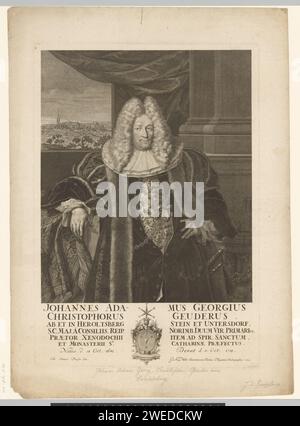 PortraT van Johann Adam Georg Christoph Geuder von Heroldsberg, Gustav Adolph Müller, Johann Daniel Preissler, 1720 Druckpapierstich / Gravur historischer Personen. Stadtblick im Allgemeinen; „Veduta“. Anhänger, Schmuckstück, „Breloque“. Hacker- und Schubwaffen: Schwert. Sonstige nicht persönliche Insignien, z. B. Bürgermeisterkette. Wappenlager, Heraldik Heroldsberg Stockfoto