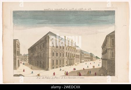 Blick auf das Stadtpalais Liechtenstein in Wien, Anonym, 1700 - 1799 Druckpapier. Aquarell (Farbe) Ätzen / Pinsel Straße (+ Stadt(-Landschaft) mit Figuren, Personal). schloss Stadtpalais Liechtenstein Stockfoto