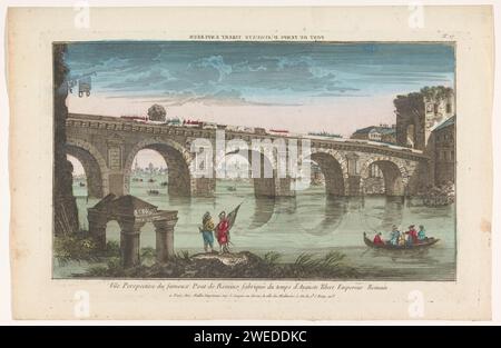 Blick auf die Tiberius-Brücke über den Fluss Marecchia in Rimini, Maillet, vor 1744 - nach 1760 Drucken laufen römische Soldaten auf der Brücke. Im Vordergrund befinden sich zwei Figuren am Ufer und ein Ruderboot segelt. Nummeriert: 17. Verlag: Parisprint Maker: France Paper. Aquarell (Farbe) Ätzen / Pinselbrücke in der Stadt über Fluss, Kanal usw. (+ Stadt (-Landschaft) mit Zahlen, Personal). Ruderboot, Kanu usw. Truppenbewegungen, Transport Rimini. Brug van Tiberius. Marecchia Stockfoto