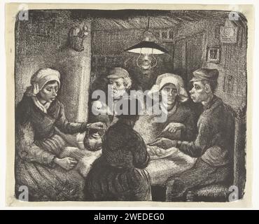 The Potato Eaters, Vincent van Gogh, 1885 Print Lithographische Version von Van Goghs „Potato Eaters“: Eine Bauernfamilie um einen Tisch, beleuchtet von einer Öllampe, die Kartoffeln aus einer Schüssel isst. Nuenen-Papier (Familien-)Mahlzeit. Landwirte Stockfoto
