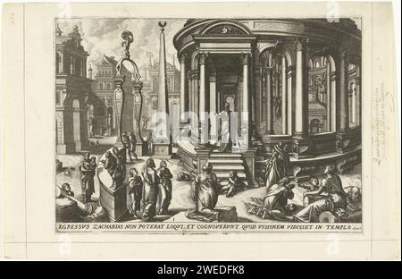 Zacharias auf den Stufen des Tempels, Lucas van Doechum, nach Gerard van Groeningen, ca. 1572 Druck der Hohepriester Zacharias erscheint auf der Treppe des Tempels und zeigt sich dem Volk. Gruppen von Leuten warten draußen. Im Tempel kann man sehen, wie Zacharias eine Vision hat. Antwerpen Papiergravur / Ätzen Zacharias sprachlos vor dem Volk. verkündigung der Geburt Johannes des Täufers an Zacharias: Während er Weihrauch im Tempel opfert, erscheint ihm ein Engel (Gabriel) Stockfoto