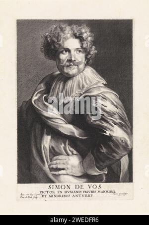 Porträt des Malers Simon de Vos, Paulus Pontius, nach Anthony Van Dyck, 1616–1657 Druck Antwerpener Papierstich Porträt, Selbstporträt des Malers Stockfoto