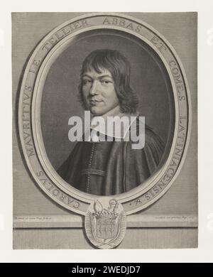 Portret van Charles-Maurice Le Tellier, Robert Nanteuil, 1663 Druck Portrait von Charles-Maurice le Tellier, in einem ovalen Rahmen mit Text. Am Ende eines Wappens. Frankreich Papiergravur Stockfoto