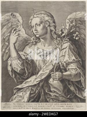 Verkündigung (Engel Gabriël), Hieronymus Wierix, nach Chrispijn van den Broeck, 1563 – vor 1591 Druck der Engel Gabriël macht eine Geste. In seinen Händen hält er eine Lilie und eine Banderole mit einer Inschrift in lateinischer Sprache. Antwerpener Gravur der Verkündigung der Geburt Christi (Lukas 1:26-38). Halblange Figuren von Maria und dem Engel  Verkündigung Stockfoto