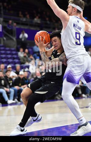 Seattle, WA, USA. Januar 2024. Colorado Buffaloes schützen KJ Simpson (2) während des NCAA Basketballspiels zwischen den Colorado Buffaloes und Washington Huskies im HEC Ed Pavilion in Seattle, WA. Colorado besiegte Washington mit 98:81. Steve Faber/CSM/Alamy Live News Stockfoto