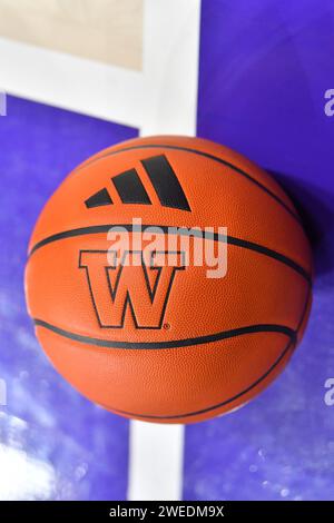 Seattle, WA, USA. Januar 2024. Der Basketball während des NCAA Basketballspiels zwischen den Colorado Buffaloes und Washington Huskies im HEC Ed Pavilion in Seattle, WA. Colorado besiegte Washington mit 98:81. Steve Faber/CSM/Alamy Live News Stockfoto