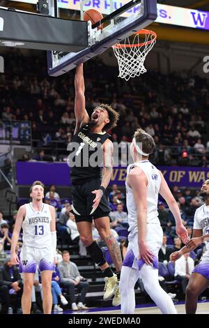 Seattle, WA, USA. Januar 2024. Colorado Buffaloes schützen J’Vonne Hadley (1) während des NCAA Basketballspiels zwischen den Colorado Buffaloes und Washington Huskies im HEC Ed Pavilion in Seattle, WA. Colorado besiegte Washington mit 98:81. Steve Faber/CSM/Alamy Live News Stockfoto