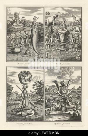 Darbietungen der Inkarnationen des indischen Gottes Vishnu, Bernard Picart (Werkstatt von), 1721 Print Blatt mit vier Darbietungen von Inkarnationen aus dem Hinduismus. Der indische Gott Vishnu kommt zehnmal auf die Erde, in zehn verschiedenen Formen, um die Welt zu retten. Die erste bis vierte Inkarnation wird hier vorgestellt: Matsya, Koerma, Varaha und Narasimha. Unter jeder Aufführung eine Bildunterschrift auf Französisch. Amsterdamer Papierätzung / Gravur rituelle Praktiken  Hinduismus, Buddhismus, Jainismus Stockfoto