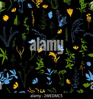 Nahtloses Muster von Feldgras und Blumen auf schwarzem Hintergrund. Handzeichnung. Nicht AI. Vektorabbildung Stock Vektor