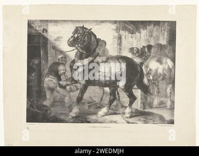 Französischer Farrier, Théodore Géricault, 1821 druckt Ein französischer Farrier bei der Arbeit. Er hält das rechte Vorderbein vor dem Zugpferd hoch. Das Pferd hat noch seine Ausrüstung. Links hinten sieht man den Schmied, rechts ein Mann mit einem zweiten Pferd. Londoner Papierpferd. Farrier, Shoeing-smith Stockfoto