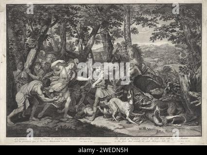 Jagd nach Caledonian Zwijn, Bernard Picart, nach Charles Le Brun, 1683–1710 Druck Melager und Atalanta während der Jagd nach dem Wildschwein, das die Felder von Melagers Vater zerstörte. Melager hält seinen Speer im Angriff und Atalanta hat gerade einen Pfeil geschossen. Um die Schweinehunde herum. Unter der Aufführung ein erläuternder Text in französischer und englischer Sprache. Paris Papierätzung / Gravur Atalanta und Mealer Jagd Stockfoto