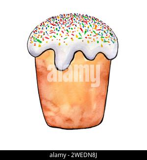 Illustration eines ostertortes auf weißem Hintergrund. Zeichnung mit Aquarell und schwarzer Umrandung. Die Oberseite des Cupcake ist mit weißer Glasur bedeckt und mit farbigen Punkten und Streifen verziert. Stockfoto