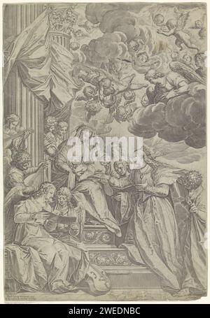 Mystische Heirat der Heiligen Katharina, Agostino Carracci, nach Paolo Veronese, 1582 Druck Maria reist mit dem Christuskind auf ihrem Schoß. Christus ist dabei, einen Ring auf den Finger der Heiligen Katharina von Alexandria zu schieben. Im Vordergrund links eine Gruppe von musikalischen Engeln. Über einer Gruppe von schwebenden Engeln und Putten. Druckerei: Italien Gemälde von: Venicepublisher: Venedig Papier Gravur der mystischen Hochzeit des Heiligen Katharina von Siena: Sie kniet, um einen Ring vom Jesuskind (auf Marias Schoß) oder vom erwachsenen Christus zu empfangen. Engel singen, musizieren. viola, Violoncello; Doub Stockfoto