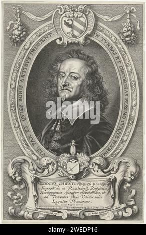 PortraT van Jobst Christoph Kress von Kressenstein, Cornelis Galle (II), nach Anselm van Hulle, 1649 Druck Portrait von Jobst Christoph Kress von Kessenstein, in Ovaal mit Randschrift. Über dem Porträt die Waffe Nürnbergs, unter dem Familienwappen von Kress von Kessenstein. Druckerei: Antwerpprint Hersteller: Südholländische Papiergravur Stockfoto