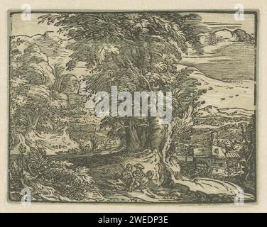 Landschaft mit sitzendem Paar, Hendrick Goltzius, 1597 - 1600 Druck Waldlandschaft; im Vordergrund ein Mann und eine Frau, die unter einem Baum sitzen. Dieser Druck ist Teil einer Serie von vier kleinen Holzschnitten mit Landschaften. Haarlem Papierlandschaften in der gemäßigten Zone Stockfoto