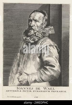 Porträt von Hans de Wael, Anthony Van Dyck, 1645–1646 Druck Porträt von Hans de Wael mit Bildunterschrift Ionnes de Wael Antverpiae Pictor HVManarvm Figvrarvm Niedrigländer Papiergravur Porträt, Selbstporträt des Malers Stockfoto