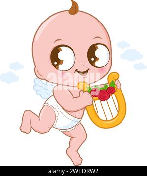 Valentine Cupid spielt eine Harfe. Niedlicher, kuppeliger Junge mit Harfe, der Musik spielt. Valentinstag Baby-Cupid-Engel mit Flügeln und Harfe. Vektorabbildung Stock Vektor