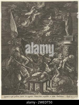 Die Folter von St. Laurentius, Anonym, nach Cornelis Cort, nach Tizian, in oder nach 1571 Druck liegt der Heilige Laurentius auf einem Gitter und wird gebraten. Soldaten holen Holz vor dem Feuer, errichten das Feuer und stechen mit einer Spieße in Laurentius. Im Hintergrund eine Marienstatue mit einem Engel in der Hand. Zwei Engel blicken vom Himmel auf die Folter von Laurentius und bringen ihm schon den Palmenzweig, das Zeichen des Märtyrers. Rom Papier Gravur Martyrium, Leiden, Unglück, Tod des Heiligen Laurence Stockfoto