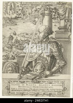 Porträt von Jean Parisot de la Valette, Großmeister der Malther Ritter, Mathis Zündt, 1566 Druck dieses Porträt von Jean Parisot de la Valette ehrt diesen Großmeister der Malther Ritter. Porträt in zwei Hälften mit Rüstung hinter einer Balustrade. Ein Engel hält einen Lorbeerkranz über seinem Kopf. 1565 verteidigte Valetta Malta erfolgreich für einen Angriff der Türken. 1566 begann er sofort mit dem Bau von Verstärkungen in Malta und diese Aktivitäten wurden auf dem Druck gezeigt. Der Blick der dargestellten Person richtet sich auf den Himmel über der Landschaft, wo Christus als Salvator erscheint Stockfoto