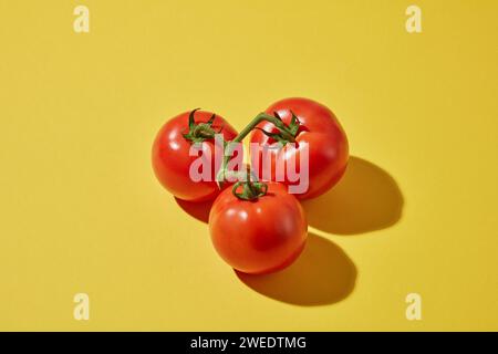 Minimale Szene mit Obst - Draufsicht von drei Reifen frischen Tomaten mit Schatten auf gelbem Hintergrund. Tomaten enthalten viele Nährstoffe, die wohltuend sind Stockfoto