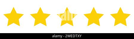 Symbol für die Qualitätsbewertung mit 5 Goldsternen. Produktqualitätsbewertung mit fünf gelben Sternen. Goldene Sterne-Vektorsymbole. Feedback zur Bewertung durch den Kunden. Moderner Stern. Stock Vektor
