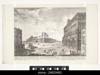 Piazza del Quirinale, Domenico Montaigù, nach Jean Barbault, ca. 1750 - ca. 1799 Drucken Ansicht der Piazza del Quirinal auf dem quirinal-Hügel in Rom mit dem Palazzo del Quirinal und dem Fontana di Monte Cavallo (Brunnen mit Castor und Pollux). Titel und erläuternde Listen mit Liedern in französischer und italienischer Sprache und einer Zuordnung am unteren Rand. Italien Papier mit Blick auf die Stadt und Landschaft mit künstlichen Bauten Rom. Palazzo del Quirinale. Quirinaal Stockfoto