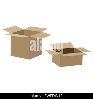 Öffnen Sie die braune Verpackungsbox aus recyceltem Karton. Sammlungsvektor. Web, Symbol, Banner, Infografik. Kartonverpackung Transport Lieferung. Stock Vektor