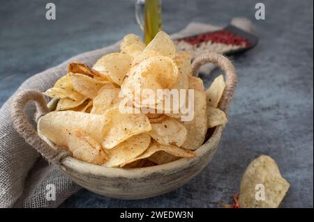 Herzhafte Chips in einer handgefertigten Kraftschale auf grauem Hintergrund. Kartoffelchips mit Gewürzen und Paprika verschiedener Art. Stockfoto