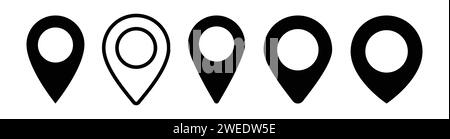 Eine Sammlung flacher Vektorsymbole mit Symbolen für Position, Kartenstifte, Ortsmarkierungen, Kartenmarkierungszeiger, GPS-Positionen, Positionssymbol. Stock Vektor